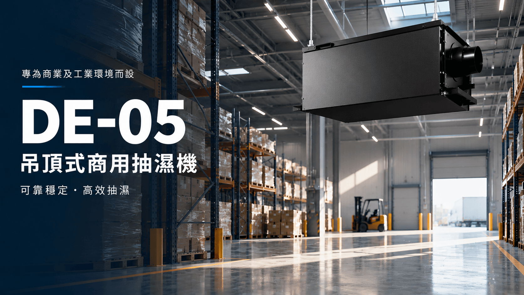 DE-05 吊頂式商用抽濕機安裝於倉庫天花,專為商業及工業環境而設